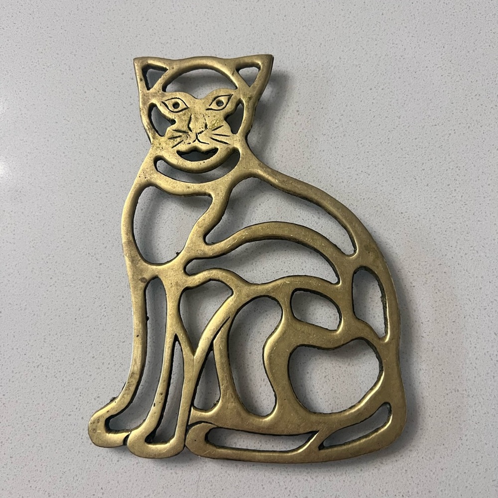 Vintage‎ 1980s Solid Brass Kitty Cat Trivet Stamped Mann